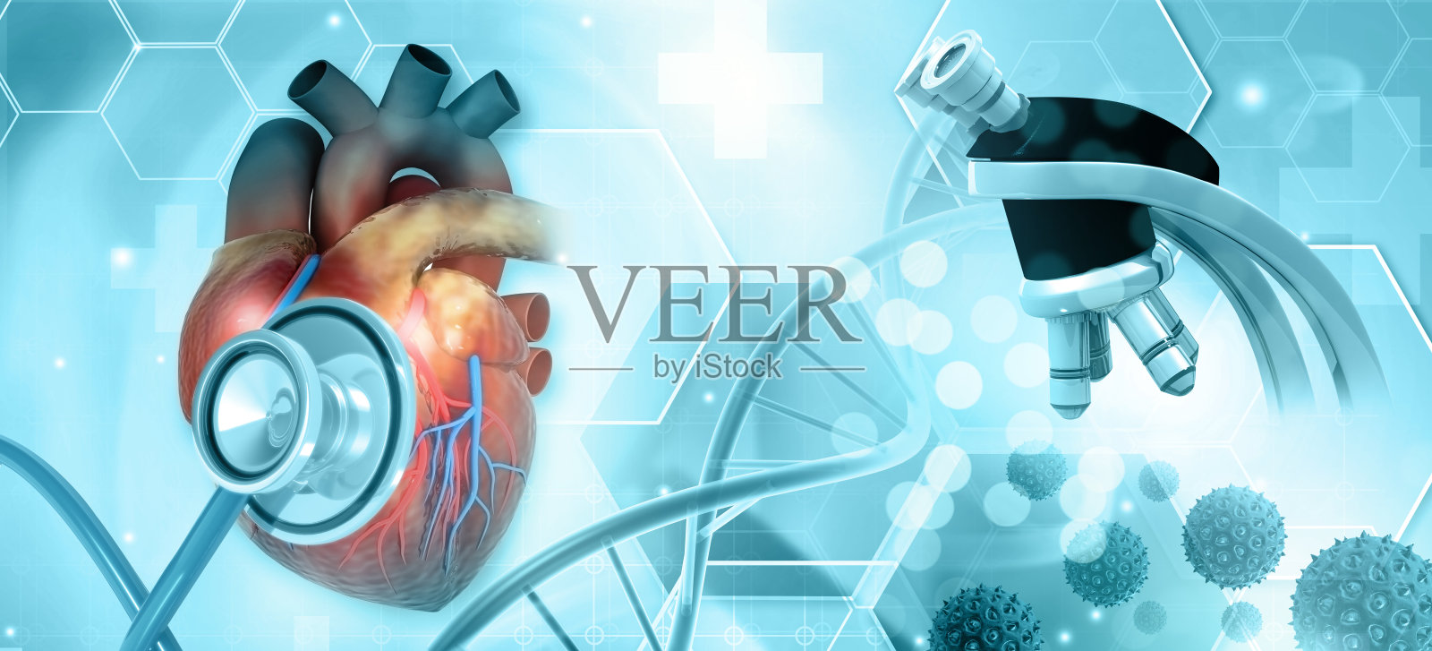 心脏和听诊器摘要保健在蓝色背景照片摄影图片