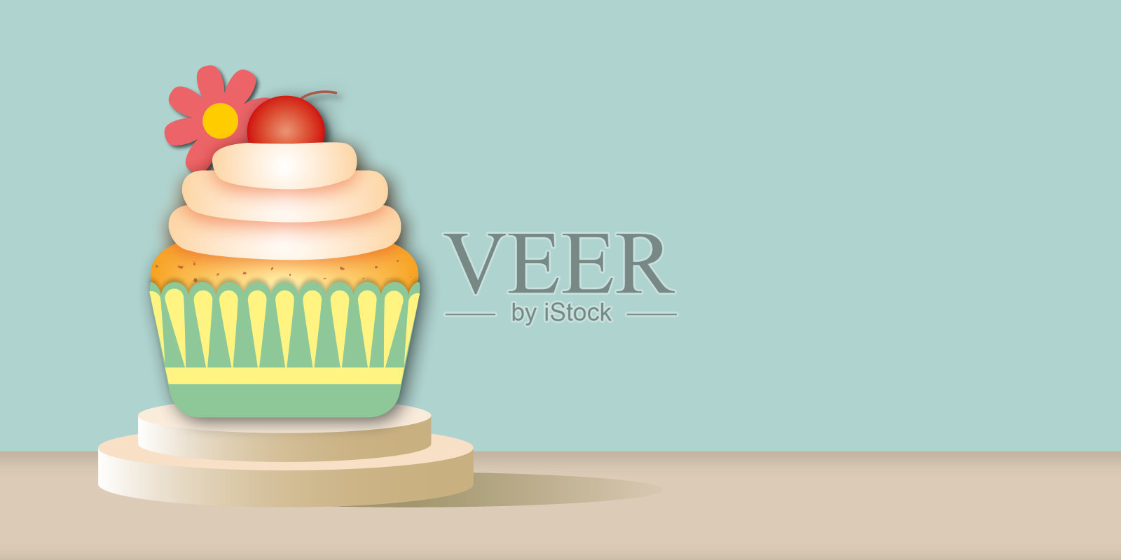 生日蛋糕,放在讲台上,棕色背景。照片摄影图片