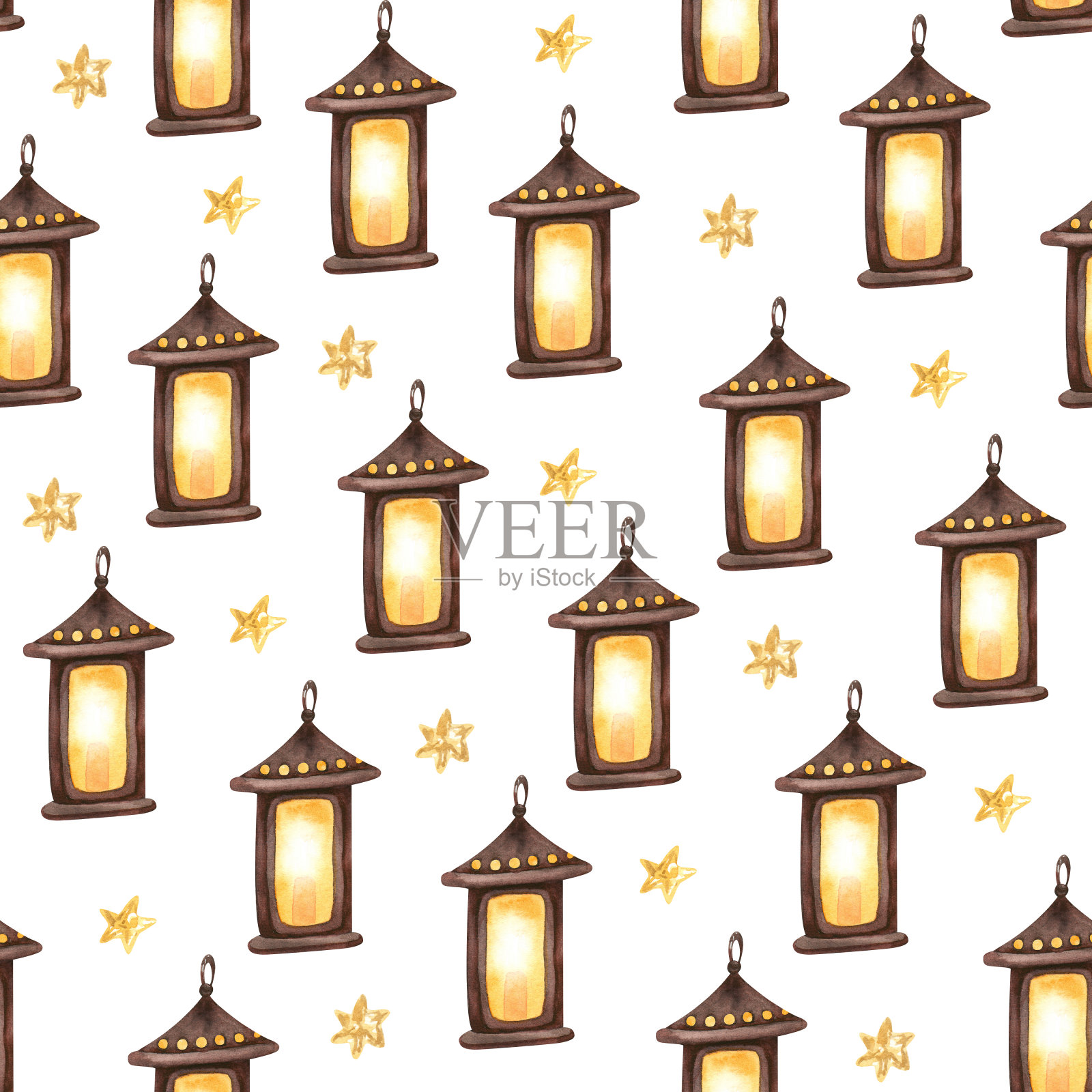 水彩圣诞节无缝模式与燃烧的蜡烛灯笼和金色的星星在白色的背景。插画图片素材