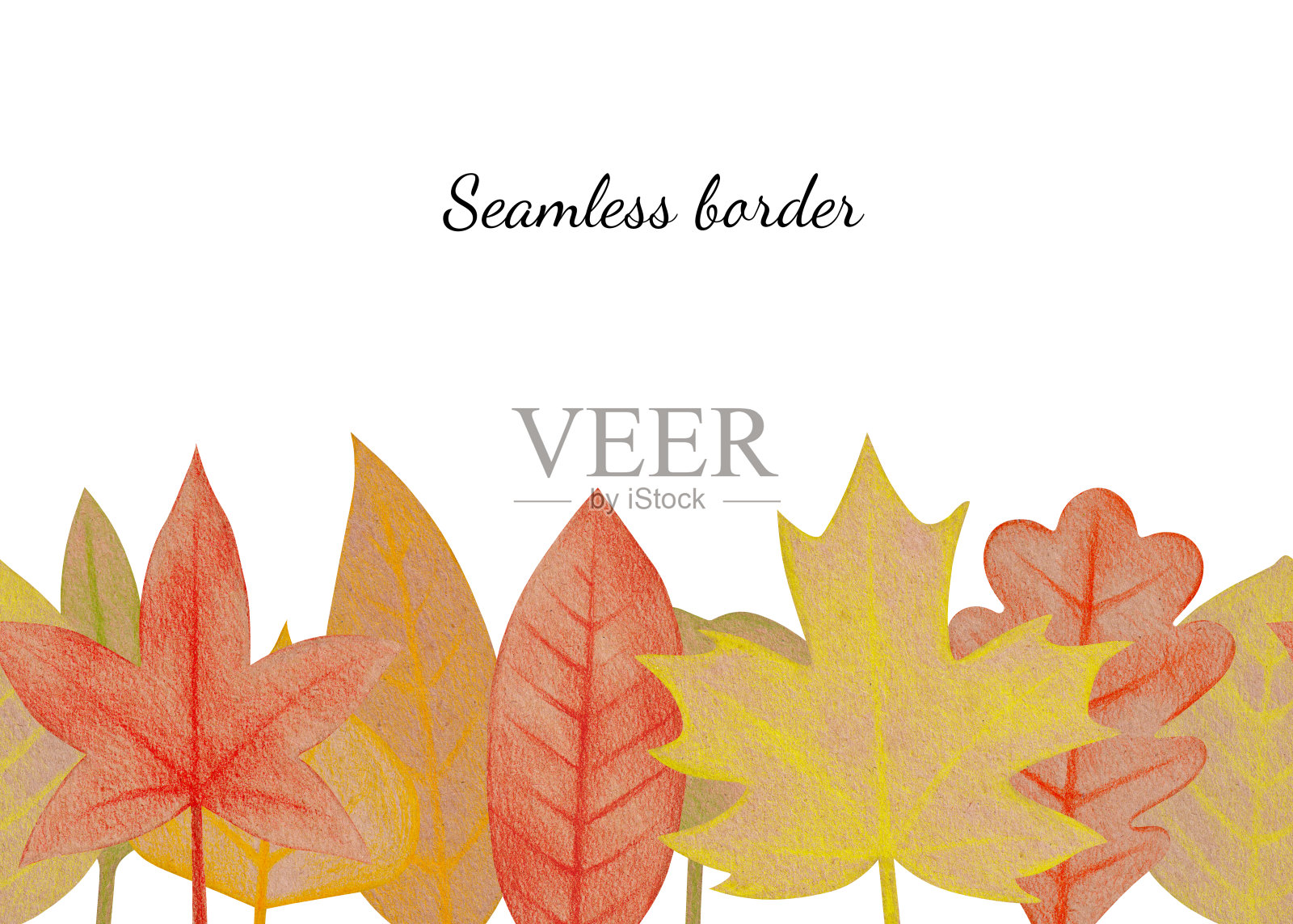 无缝边界手绘黄色和红色叶子与粗糙的纹理插画图片素材