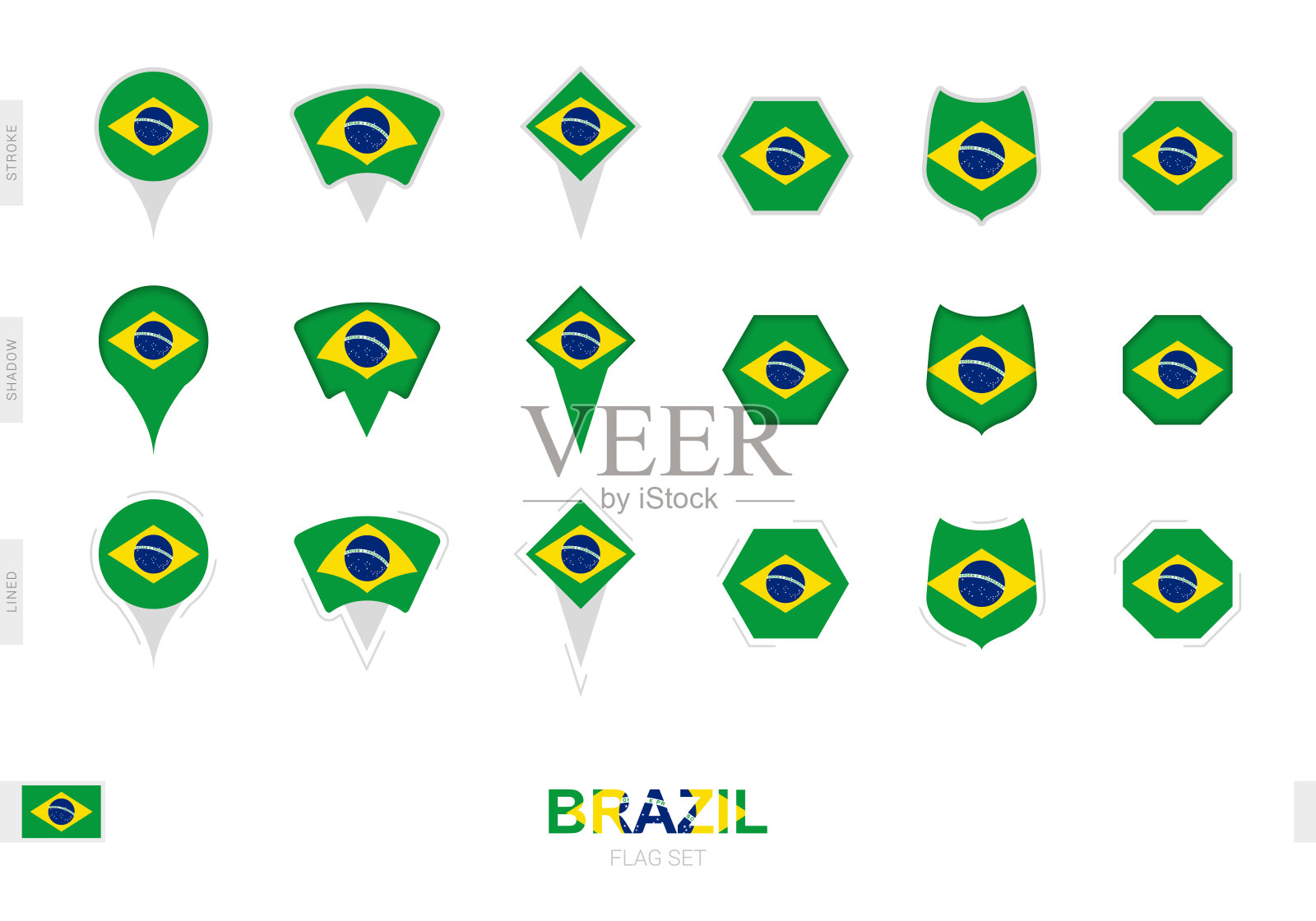 收集巴西国旗在不同的形状和三种不同的效果。插画图片素材