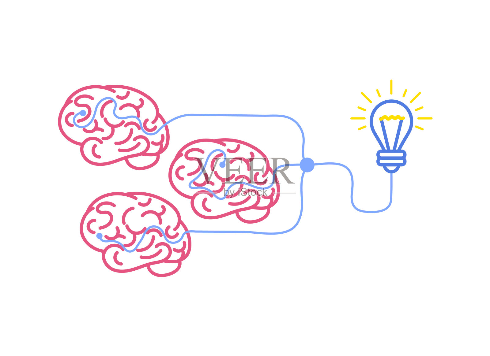 矢量头脑风暴插图,大脑和想法灯泡的白色背景,团队合作的概念。插画图片素材