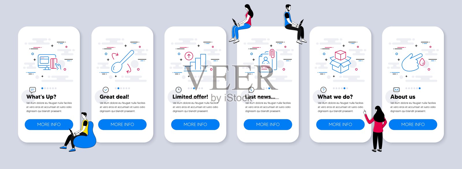 业务图标集。包括图标为烹饪勺,包装盒,在线支付。向量插画图片素材