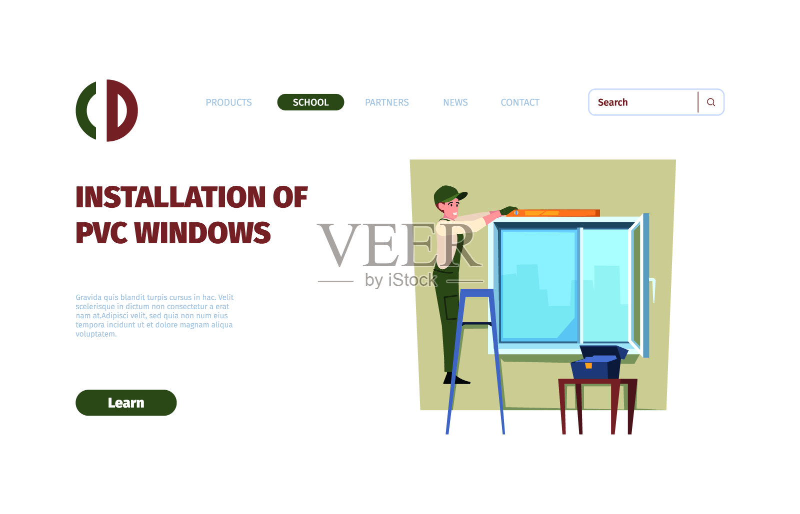 窗户安装着陆。塑料现代pvc窗框配透明玻璃艳丽矢量网页模板插画图片素材