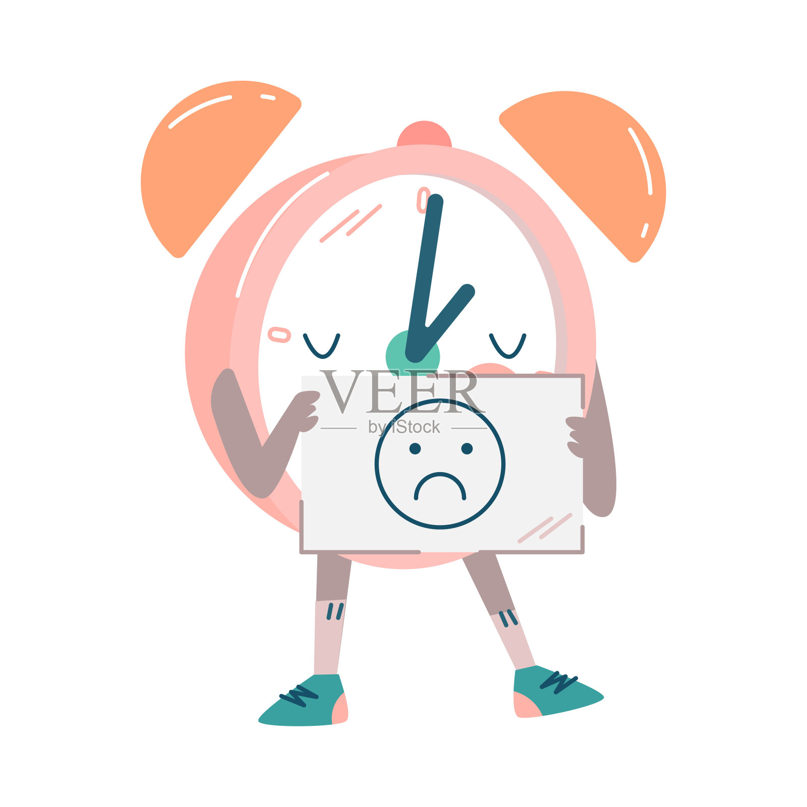 有趣的时钟字符手持标语牌与悲伤的微笑向量插图插画图片素材