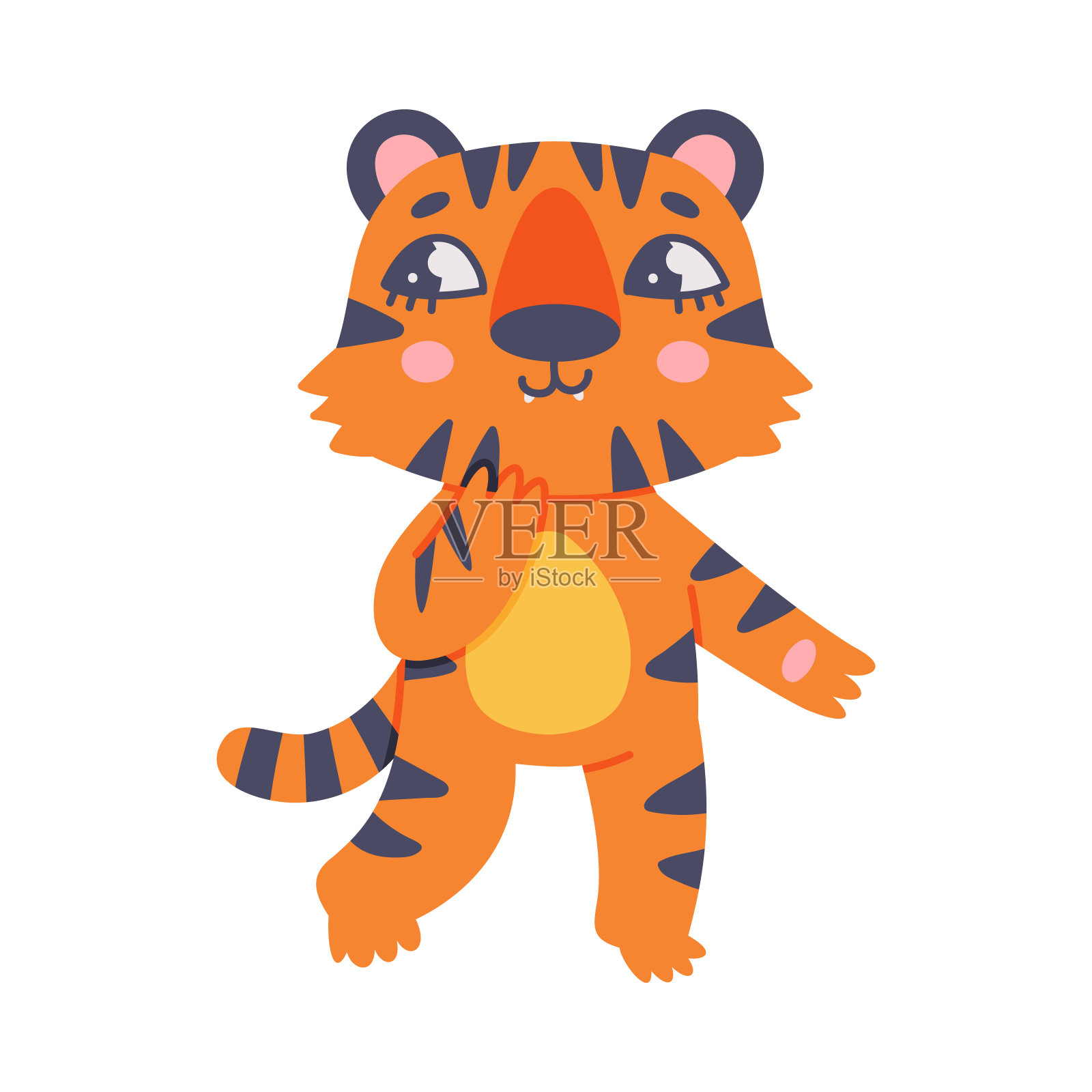 有趣的老虎幼崽与橙色毛皮和条纹站立矢量插图插画图片素材