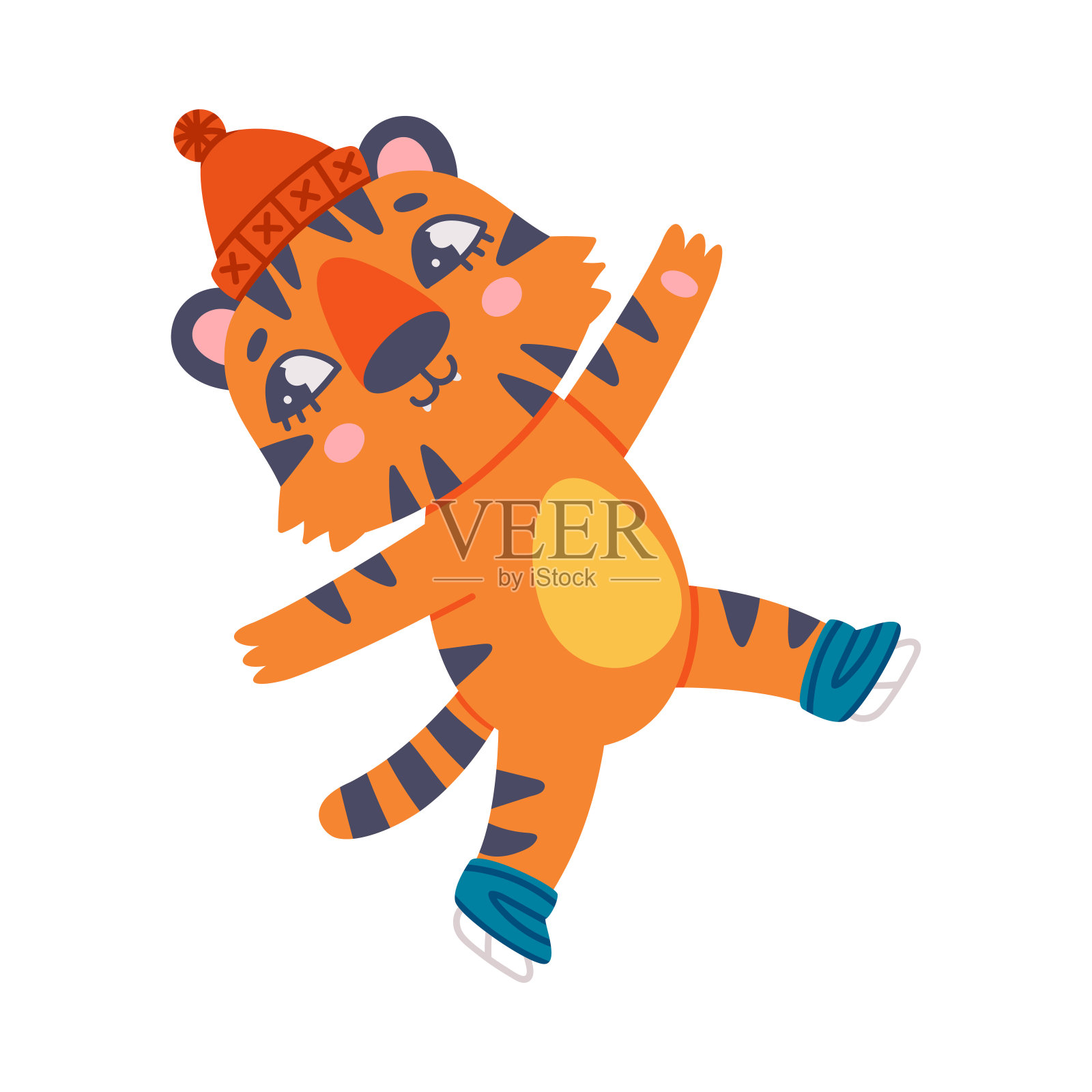 有趣的老虎幼崽与橙色毛皮和条纹戴帽子溜冰矢量插图插画图片素材