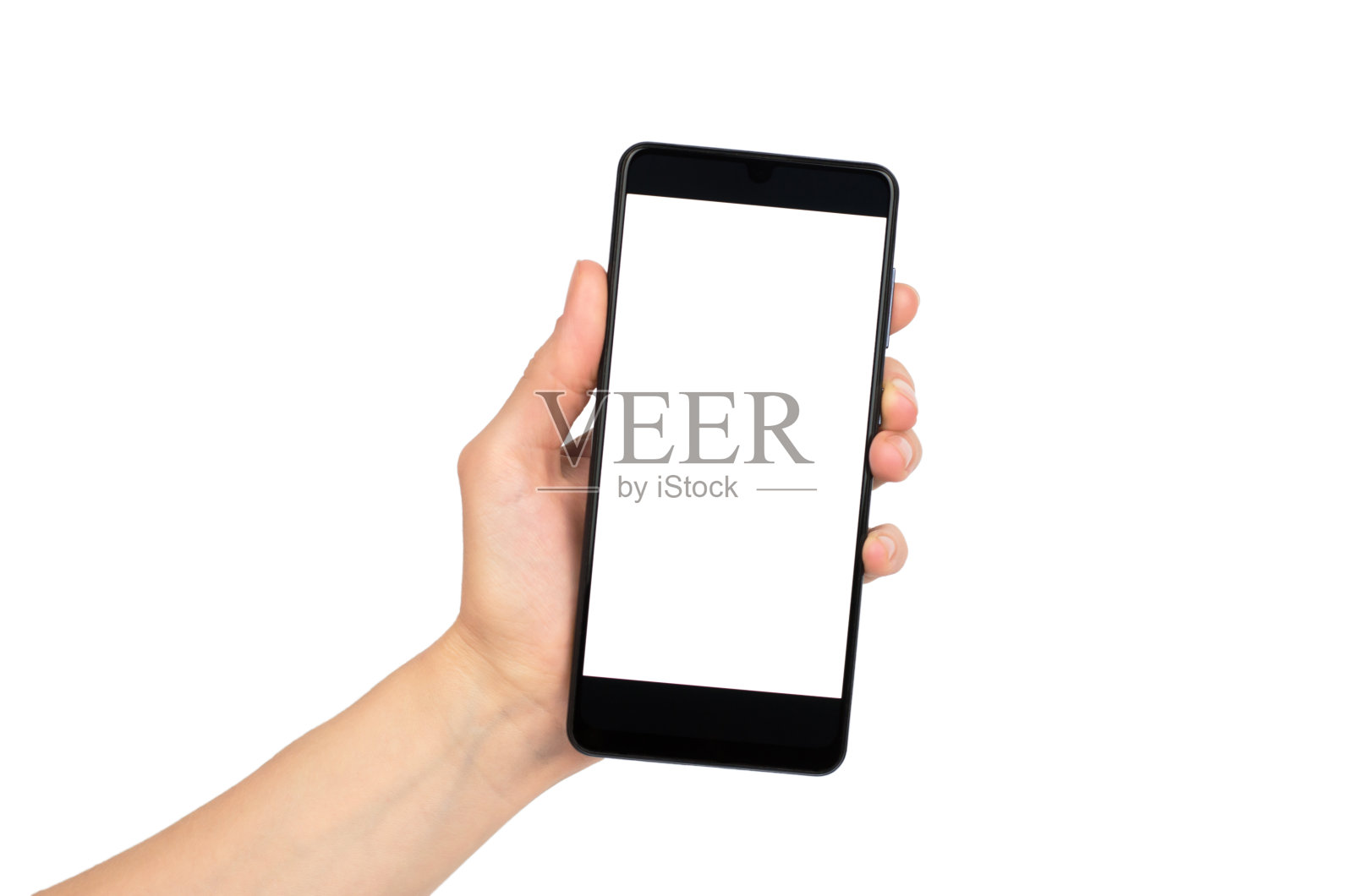 女性手持白底白屏智能手机,隔离照片摄影图片