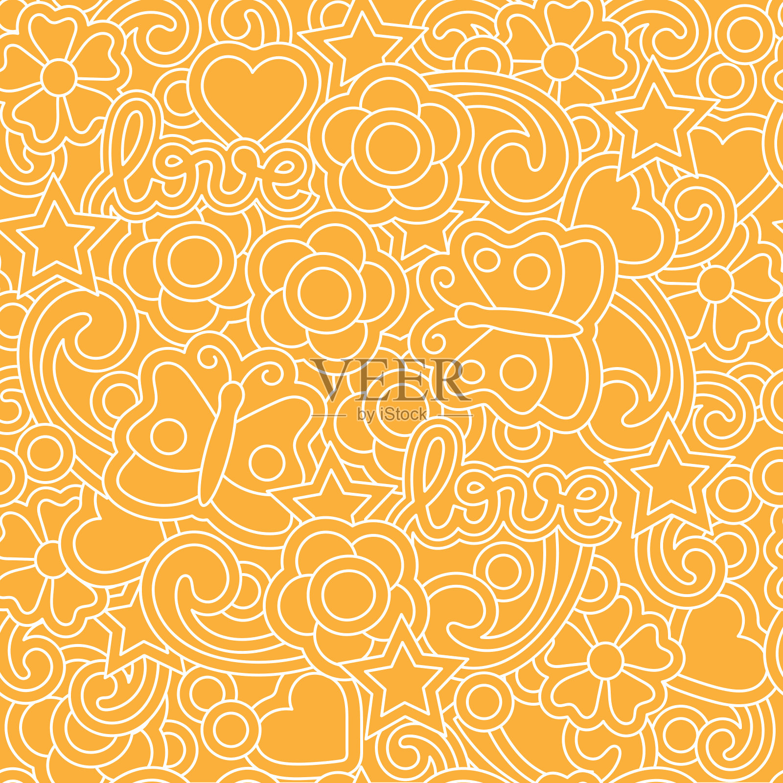 情人节无缝模式。手绘心形蝴蝶花和抽象元素。向量的背景插画图片素材