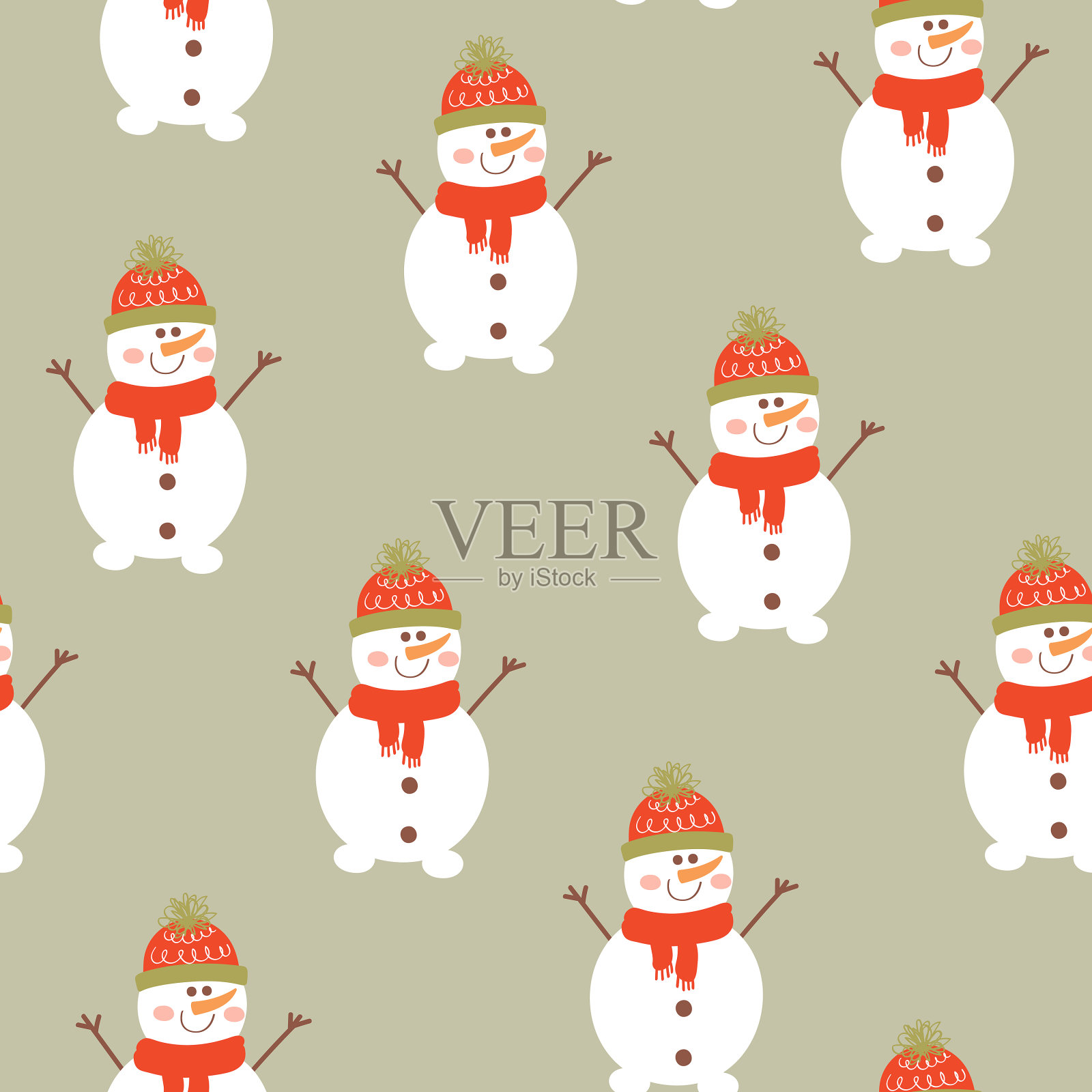 无缝模式与雪人在淡绿色的背景。冬天矢量纹理。设计元素图片