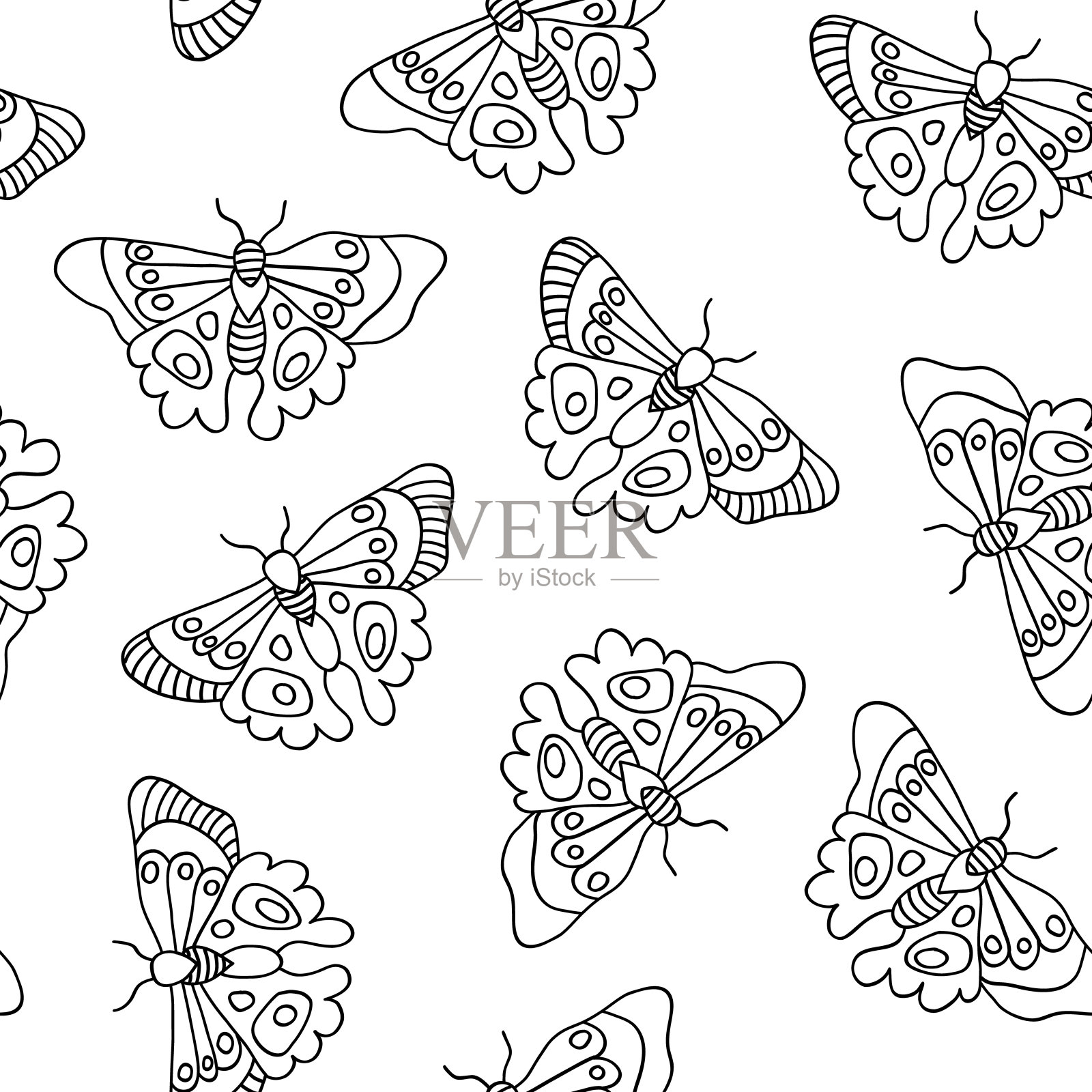 蝴蝶无缝矢量图案。蝴蝶上色背景黑线艺术蝴蝶在白色。单色手绘设计着色页,织物,儿童装饰,包装,表面设计。插画图片素材