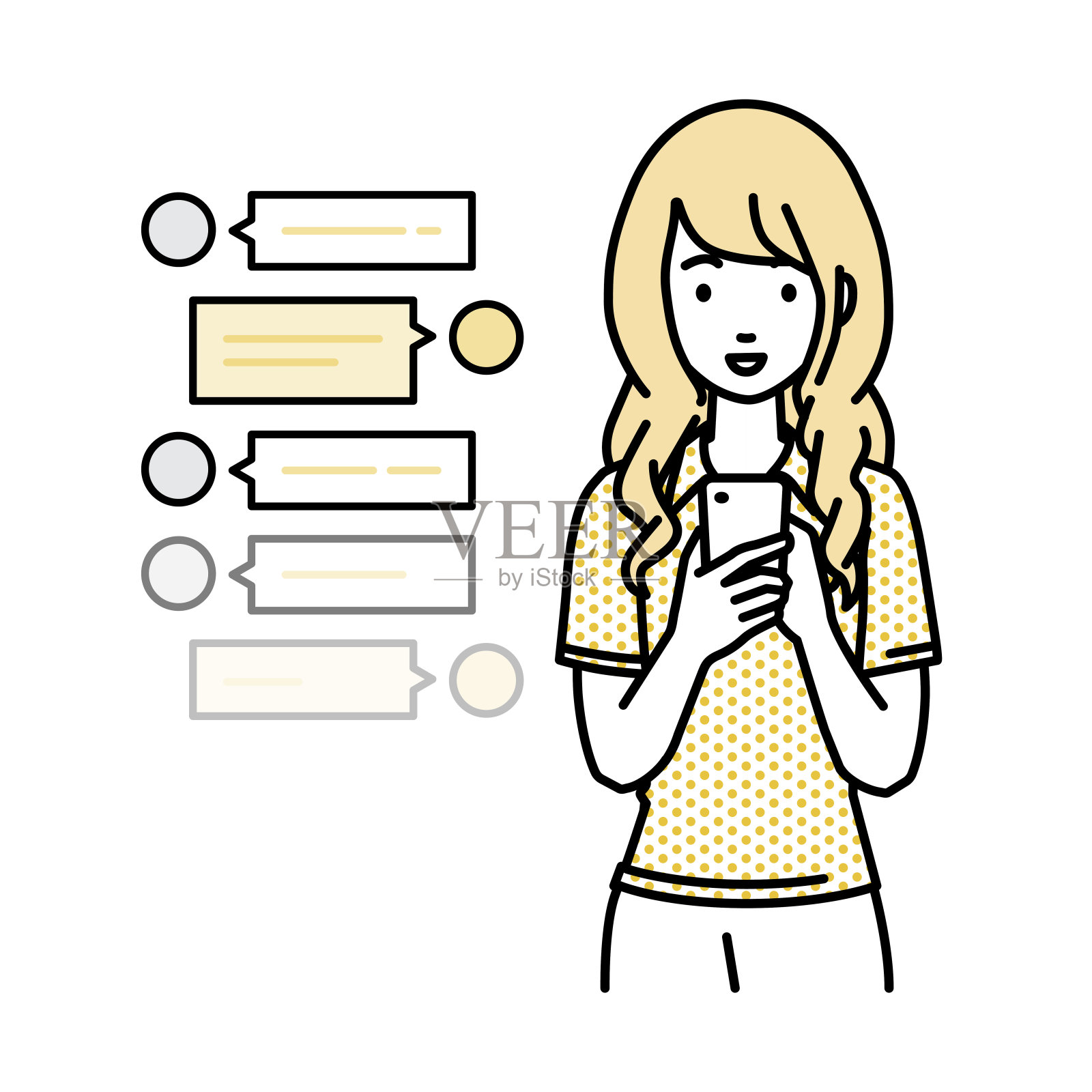 一名身穿polo衫的女子站在一边,看着手里的智能手机,享受着通过社交网络聊天的乐趣插画图片素材