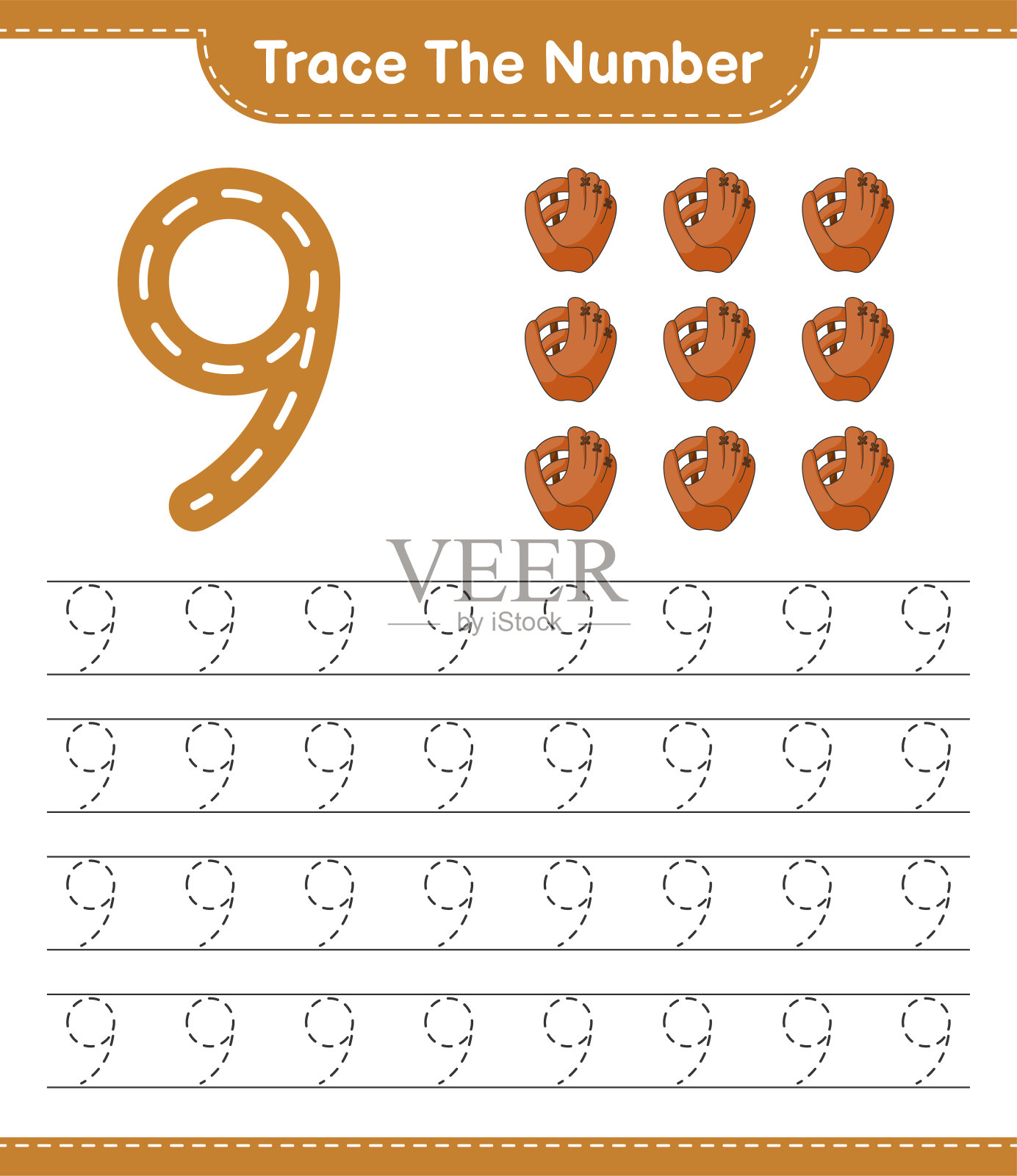 跟踪号码。用棒球手套追踪号码。教育儿童游戏,可打印的工作表,矢量插图插画图片素材