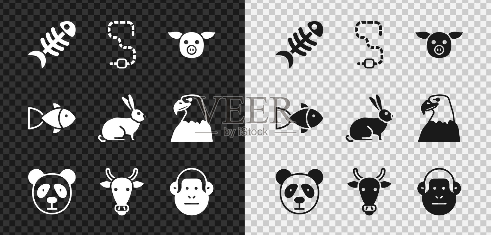 集鱼骨架虫猪可爱熊猫脸牛图标素材