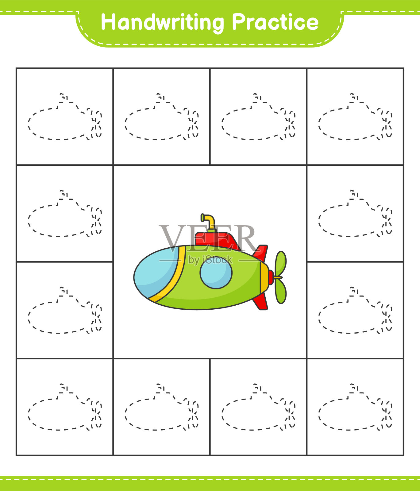 书法练习。潜艇的追踪线。教育儿童游戏,可打印的工作表,矢量插图插画图片素材