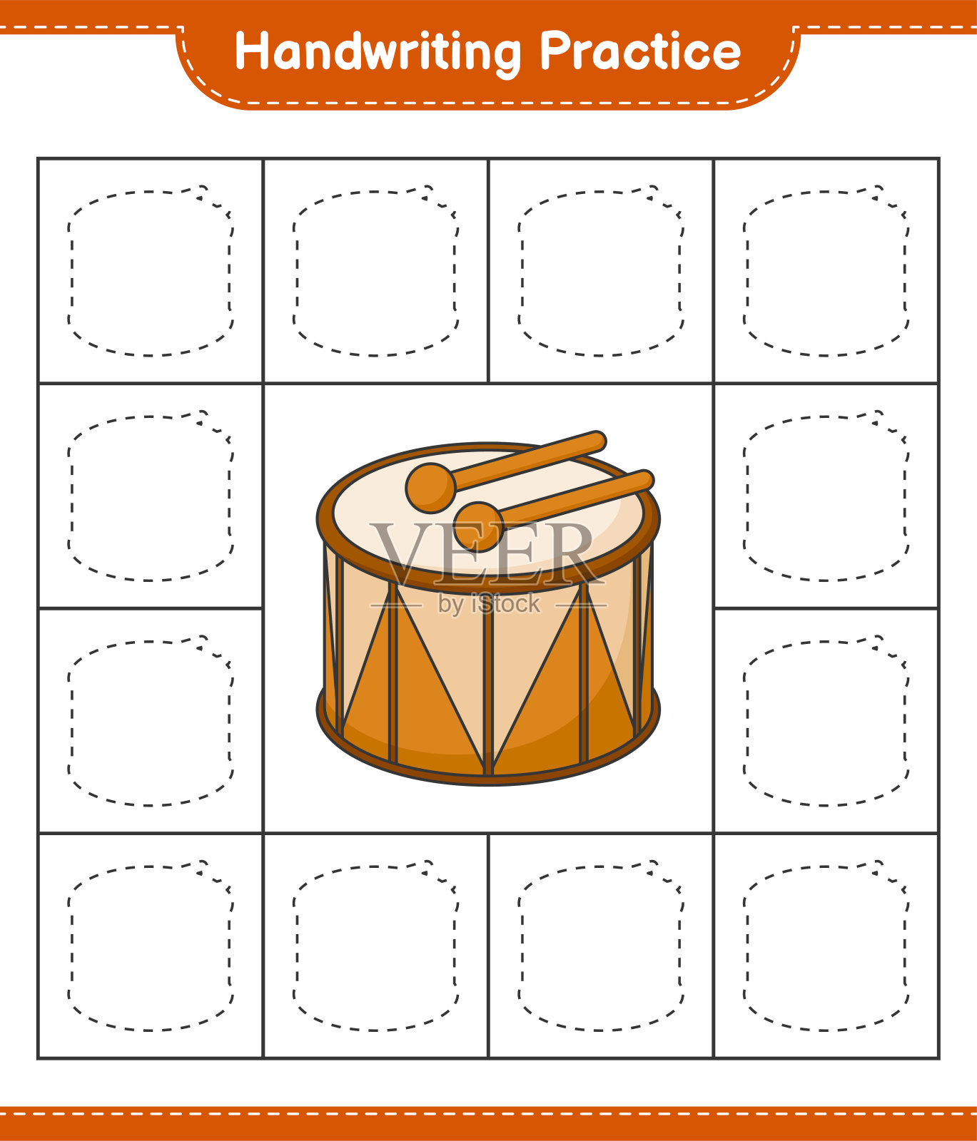 书法练习。描摹鼓的线条。教育儿童游戏,可打印的工作表,矢量插图插画图片素材