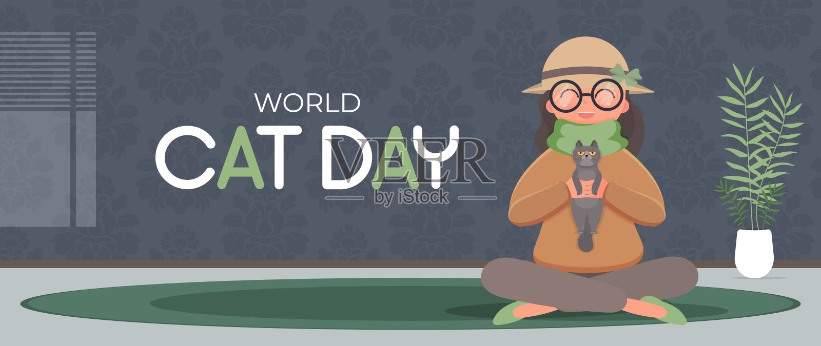 世界猫日的旗帜。女孩以莲花的姿势坐着,把猫抱在怀里。有趣和美丽的海报。卡通风格。矢量插图。插画图片素材