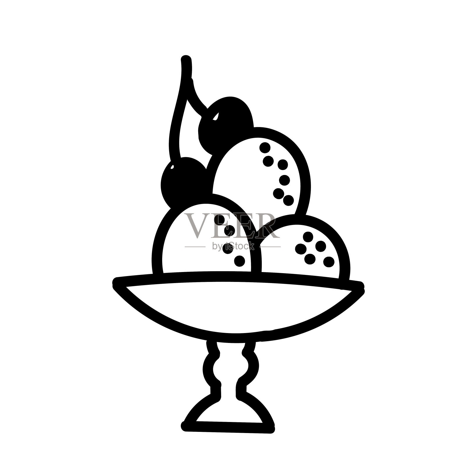 黑色手绘矢量插图新鲜的冷冰淇淋与两个樱桃在花瓶孤立在白色背景插画图片素材