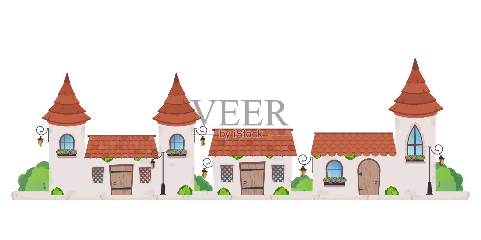 城市复古殖民风格建筑卡通矢量插图。旧的住宅和政府大楼,维多利亚式的房屋孤立在白色上插画图片素材