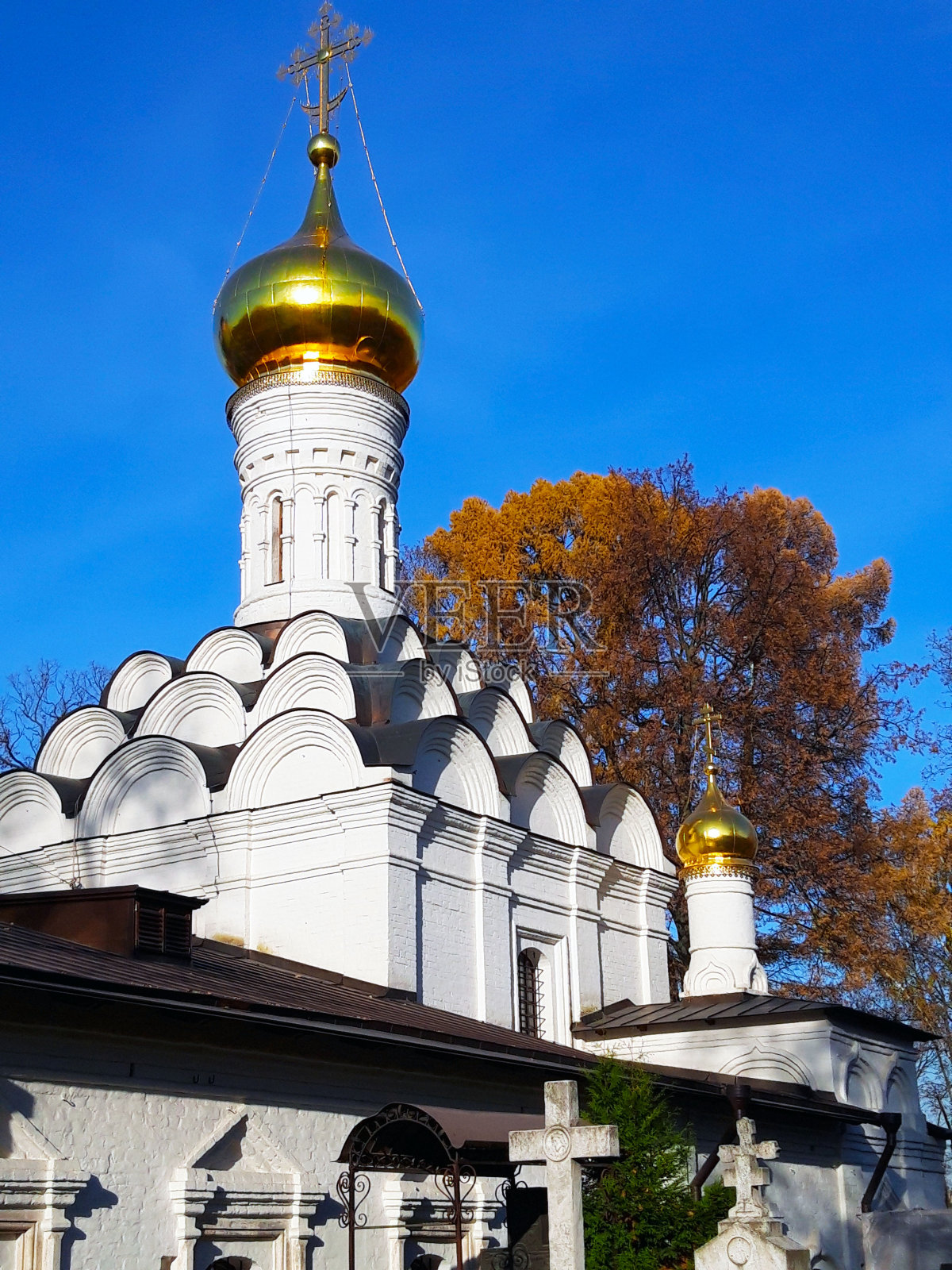 美丽的东正教堂。金色的穹顶映衬着蓝天。莫斯科的风景。俄罗斯的修道院和寺庙。照片摄影图片