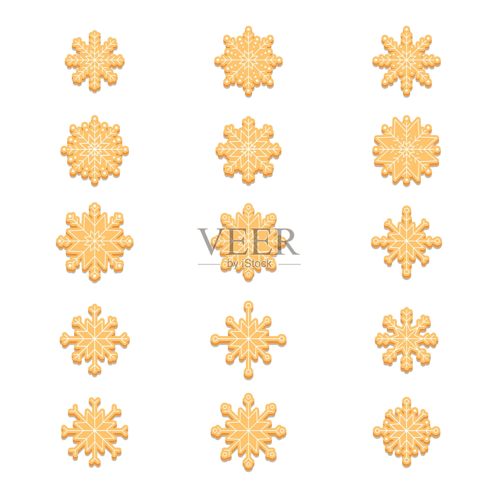 一套雪花姜饼饼干。装饰圣诞饼干。为贺卡,海报,墙纸,表面,网页设计,纺织,装饰,印刷的设计元素的向量插图。插画图片素材