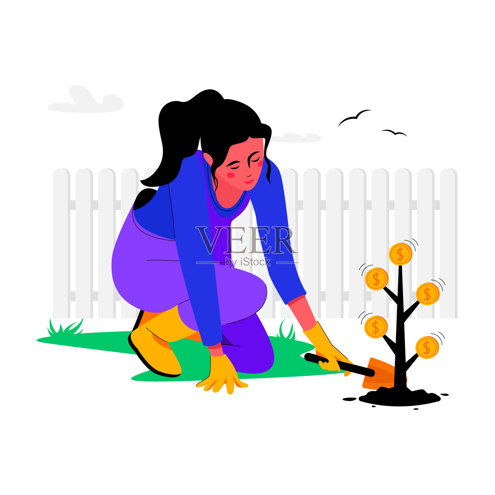 一个女人在种植金融植物,分析财富和繁荣。插画图片素材