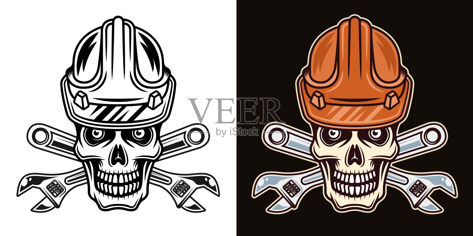 工人的头骨在安全帽与两个交叉可调扳手矢量插图在两种风格黑色在白色和彩色在黑暗的背景插画图片素材
