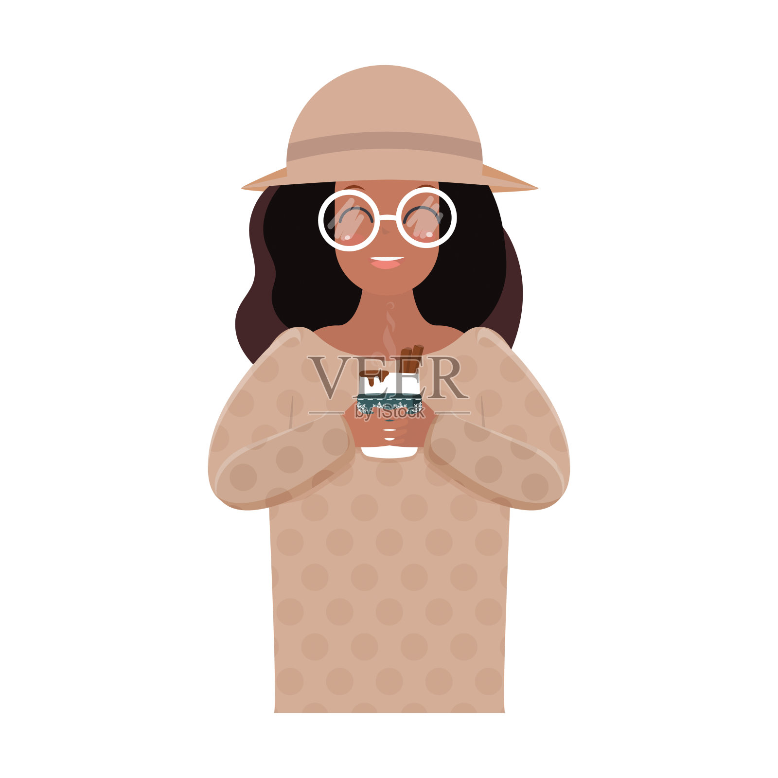 戴帽子的深色皮肤女孩拿着热饮矢量图插画图片素材