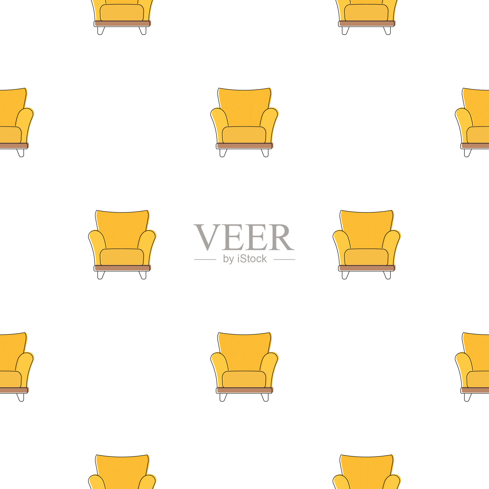 无缝图案与黄色扶手椅。花盆和三角形的极简主义背景。线的艺术。向量插画图片素材