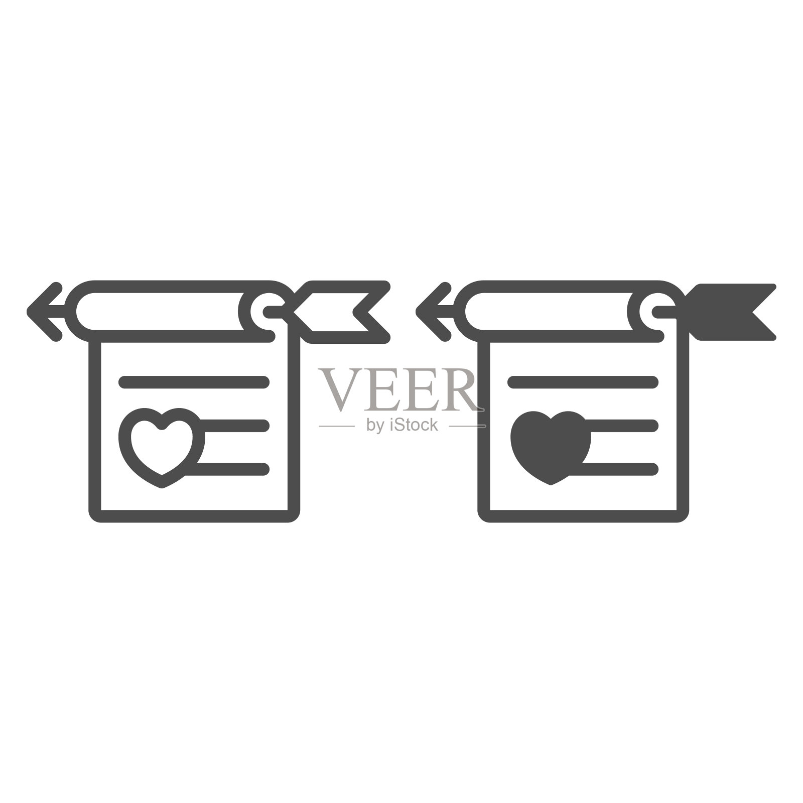 情书与心和箭头线和固体图标,约会概念,浪漫邀请矢量标志在白色背景上,轮廓风格图标的移动概念和网页设计。矢量图形。图标素材