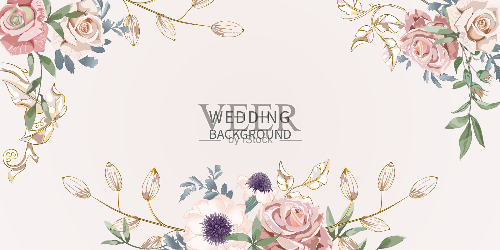 花横幅安排从叶子和桃子奶油玫瑰。设计模板素材