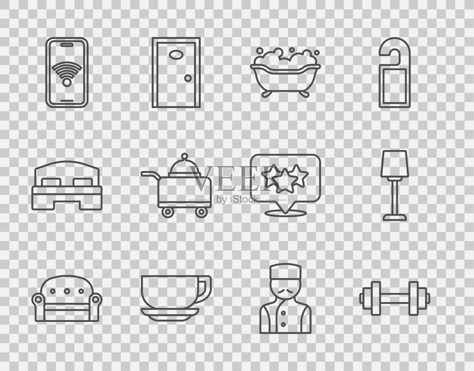沙发,哑铃,浴缸,咖啡杯,无线无线手机,有盖托盘食物,礼宾和台灯图标。向量图标素材
