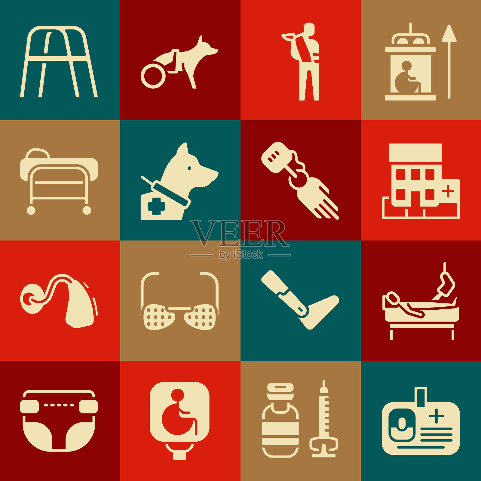 集合识别徽章,断腿病人,医院大楼,人的手臂,导盲犬,担架,Walker和假手图标。向量图标素材