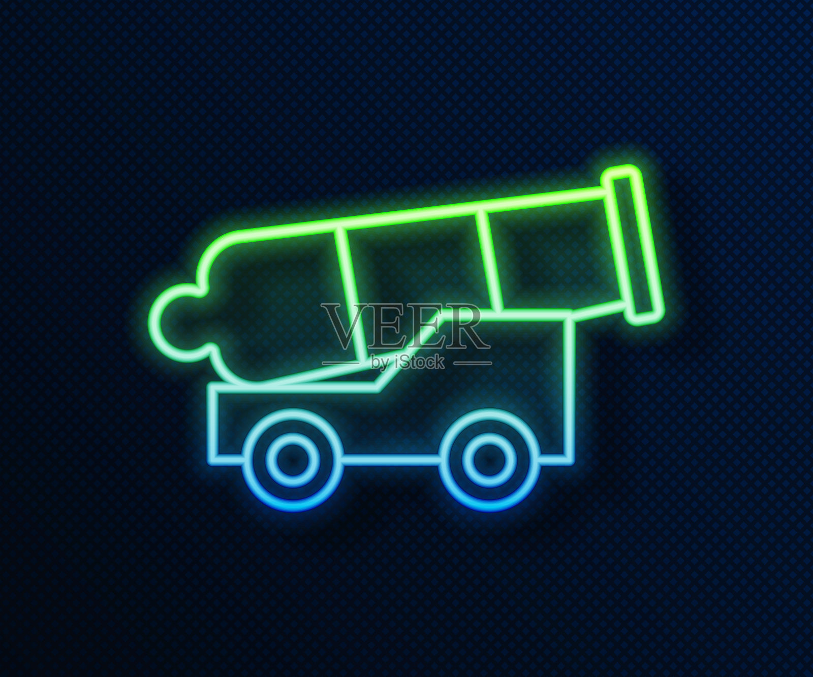 发光的霓虹灯线大炮图标孤立在蓝色背景。中世纪的武器。向量插画图片素材