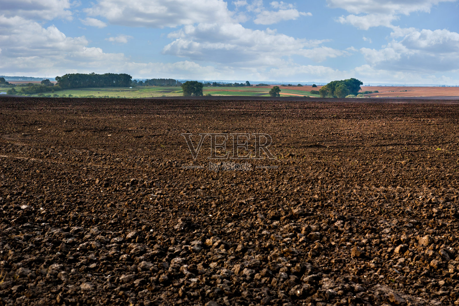 前景是耕过的土地,乡村土地的背景是小树林和小山照片摄影图片