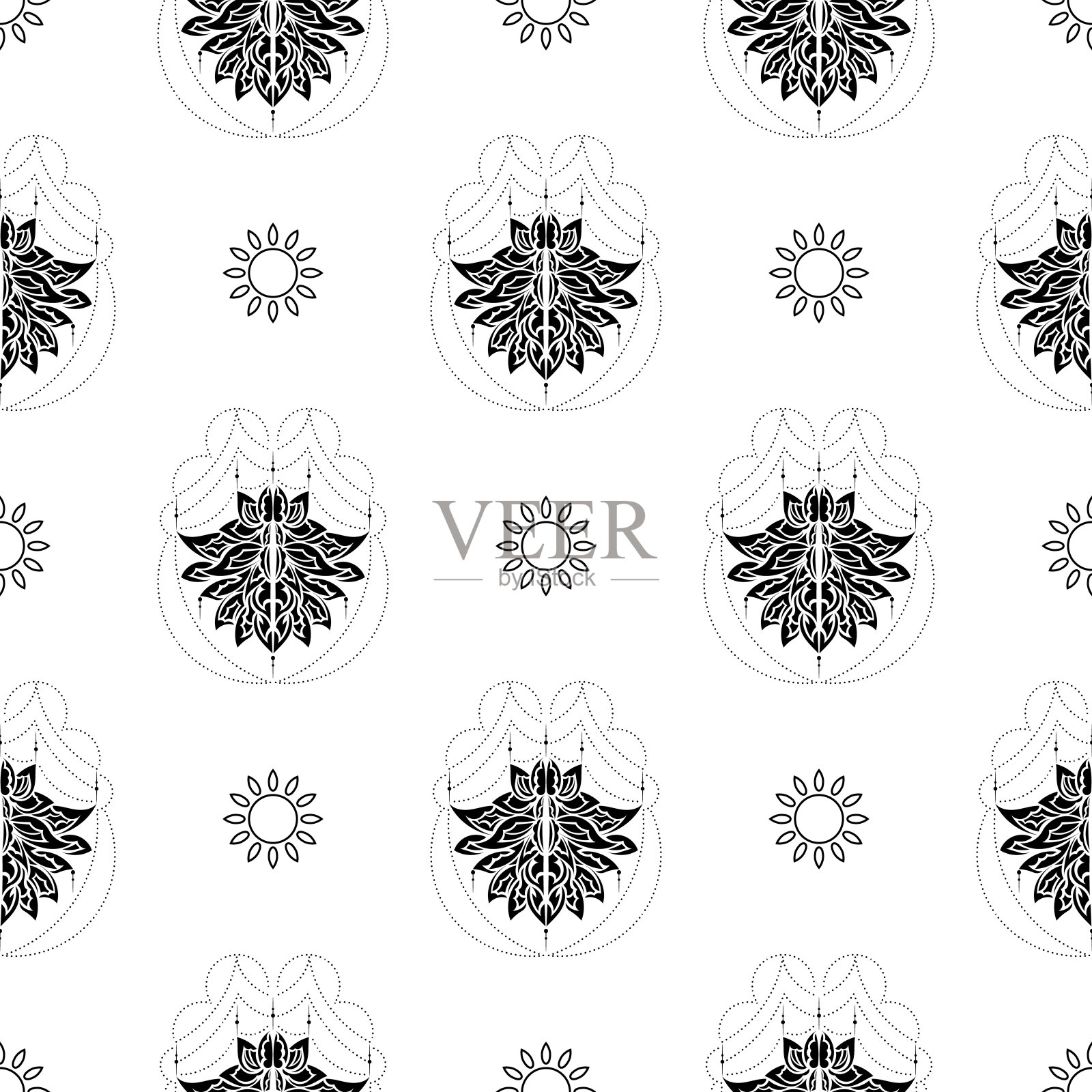 Lotus无缝模式。黑色和白色。适用于封面、织物、明信片和印刷。向量插画图片素材