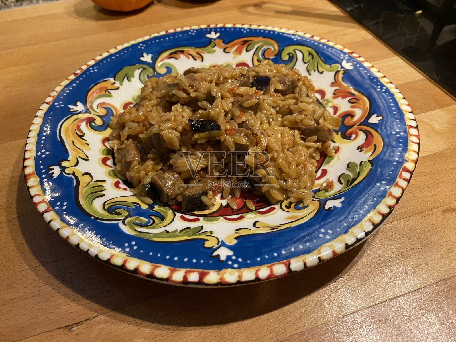 图片-肉和茄子米饭-印度香饭-意大利调味饭照片摄影图片