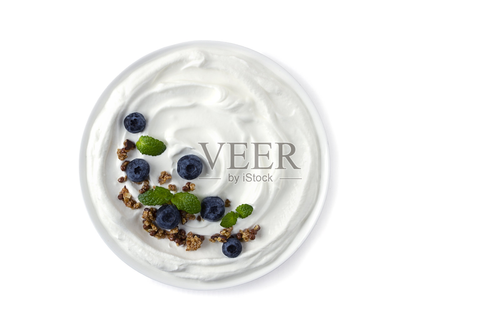 蓝莓酸奶,格兰诺拉麦片和薄荷,俯视图,食物背景,特写,宏观,照片摄影图片