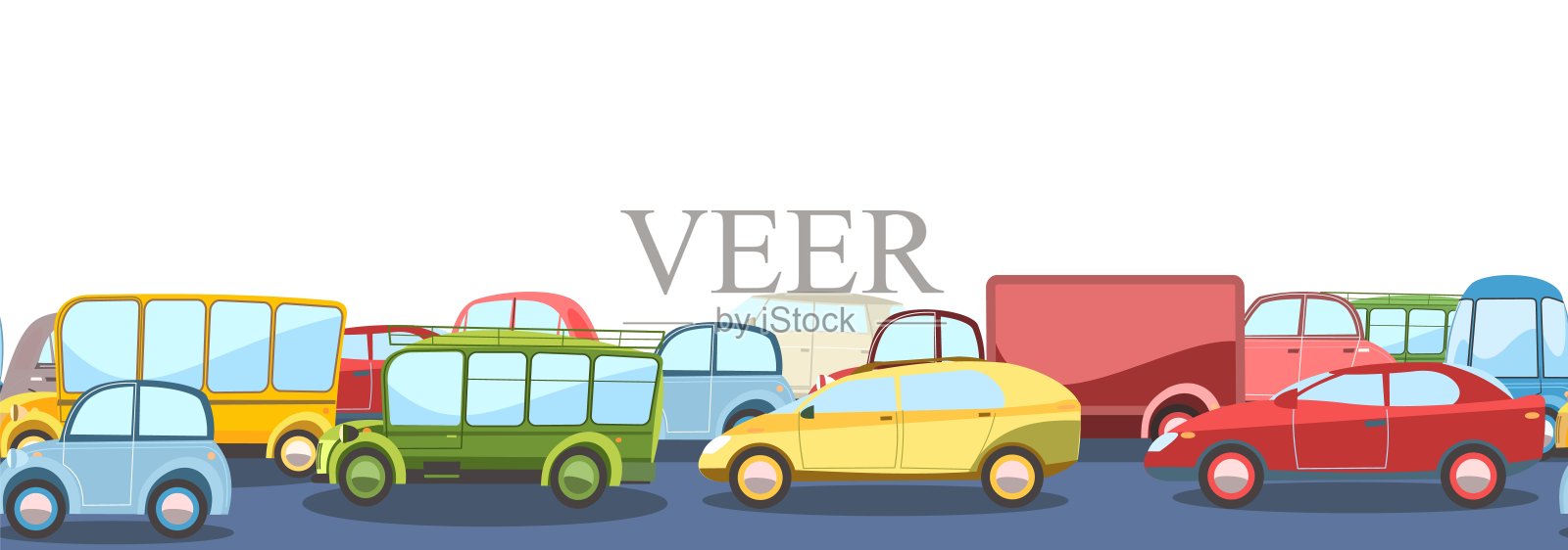 无缝水平沥青路面交通繁忙。卡通儿童插图。漫画风格的不同汽车。孤立在白色背景上。向量插画图片素材