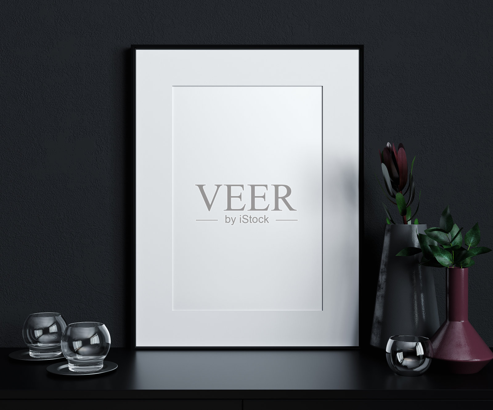 模型海报框架在现代黑色室内背景,斯堪的纳维亚风格,3D渲染,3D插图照片摄影图片