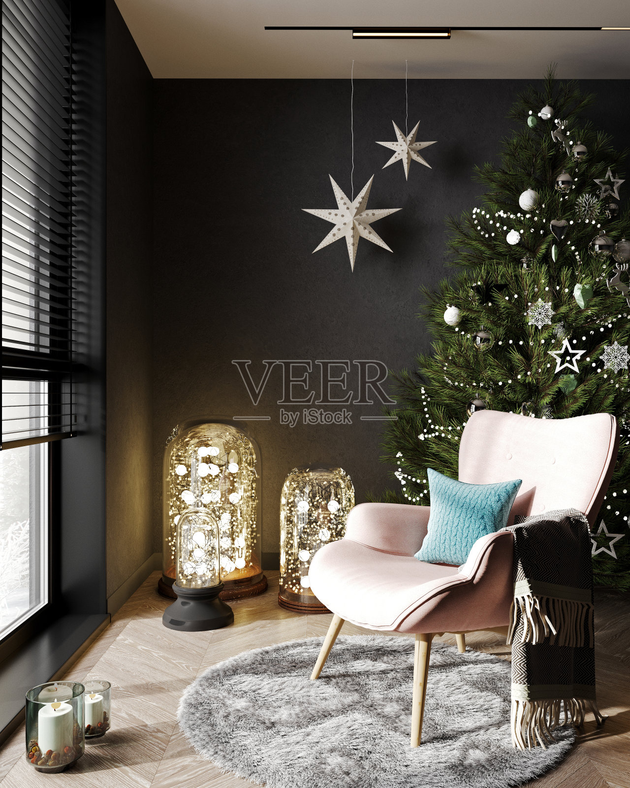 圣诞室内有舒适的扶手椅,圣诞树,灯,闪烁,蜡烛和星星。新年室内背景与温暖的光。三维渲染照片摄影图片