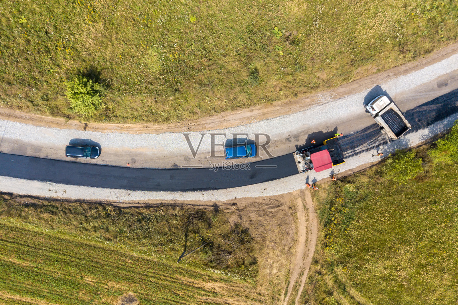 沥青铺设机械施工的新道路鸟瞰图。照片摄影图片