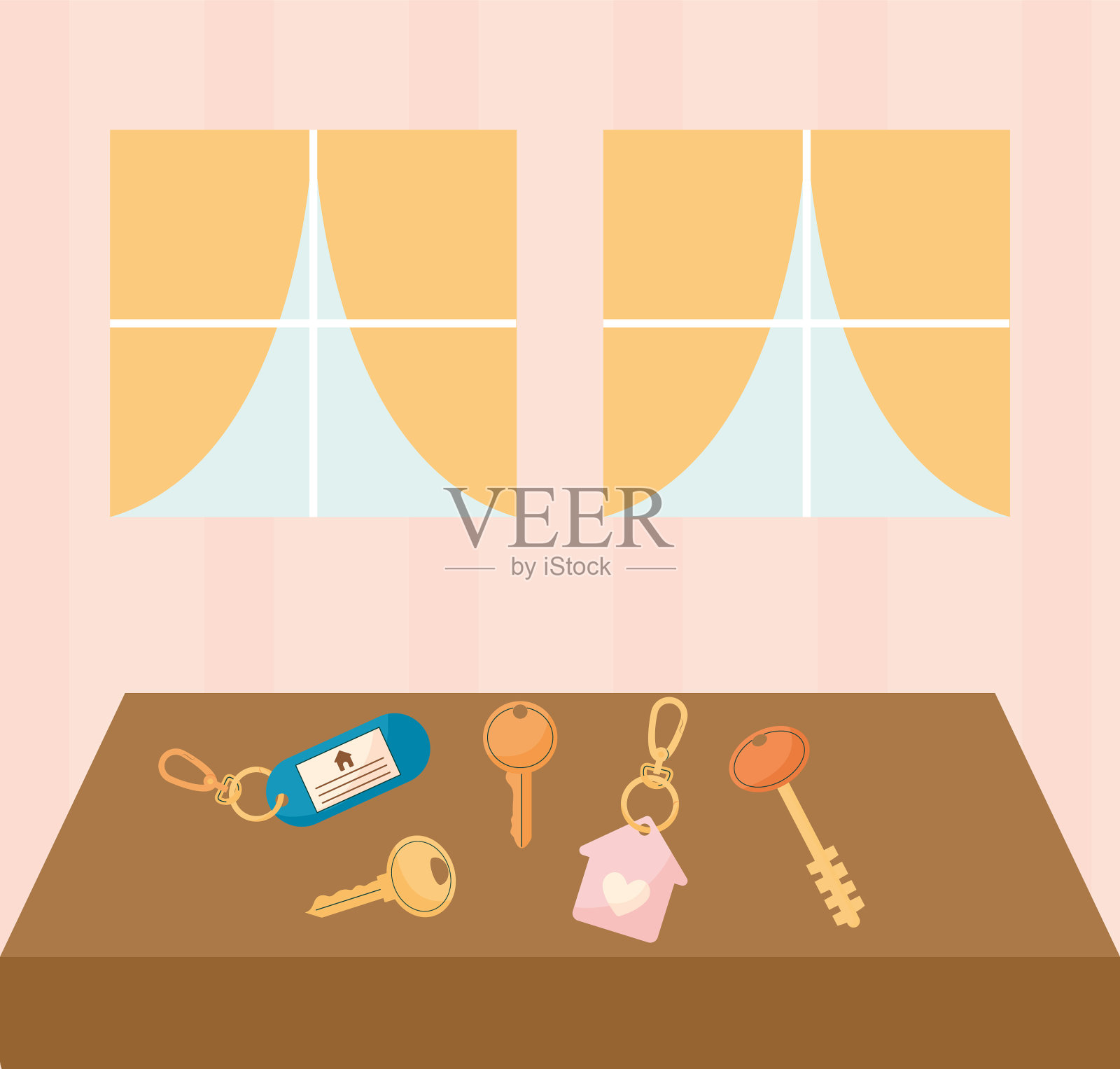 可爱的钥匙链放在桌子上插画图片素材