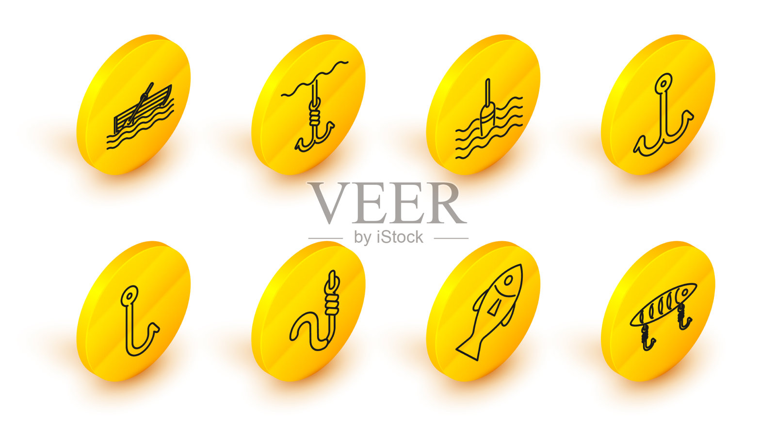 鱼线鱼饵鱼钩和虫浮水图标素材