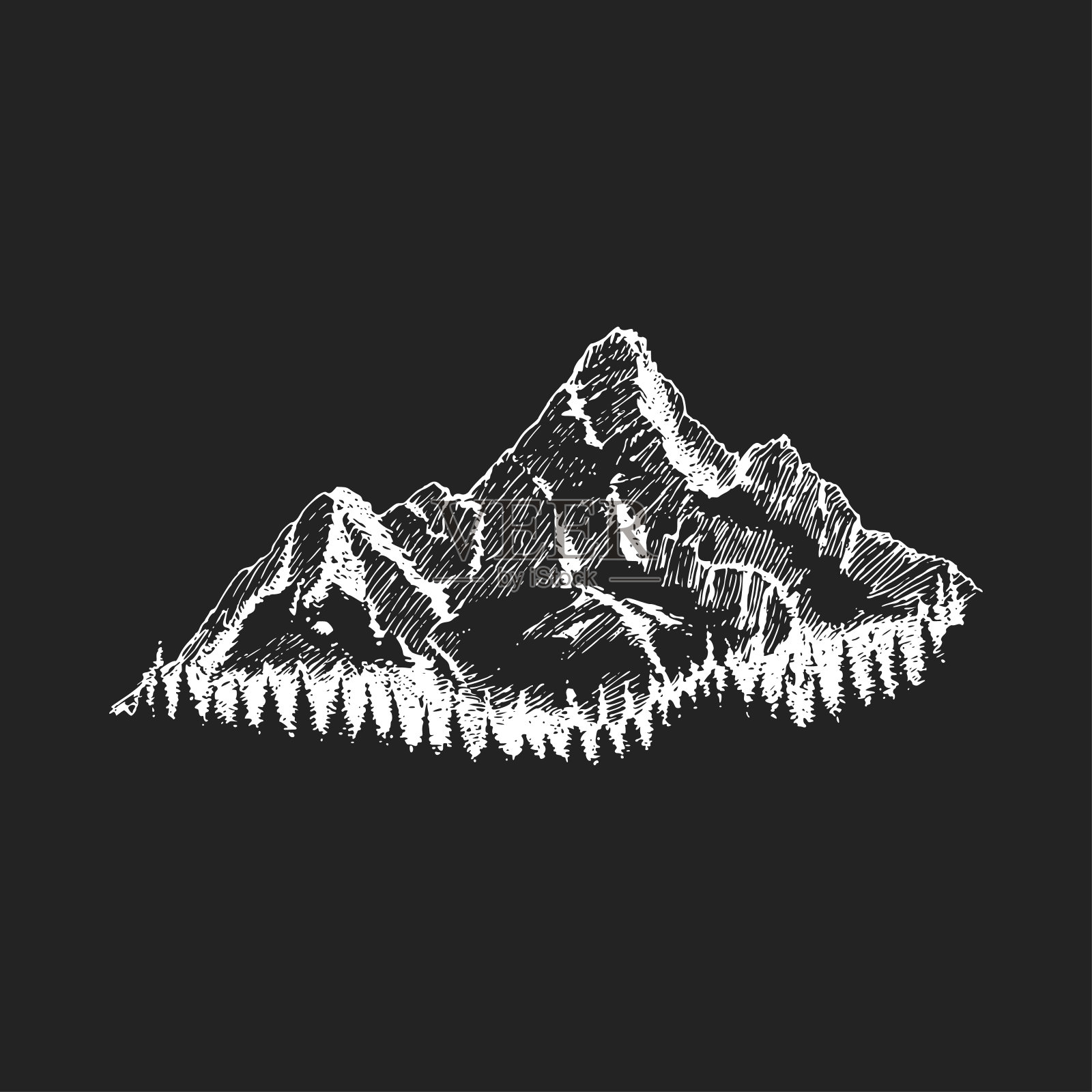 高山景观,矢量素描标签,海报等。山景与森林,手绘插图。插画图片素材