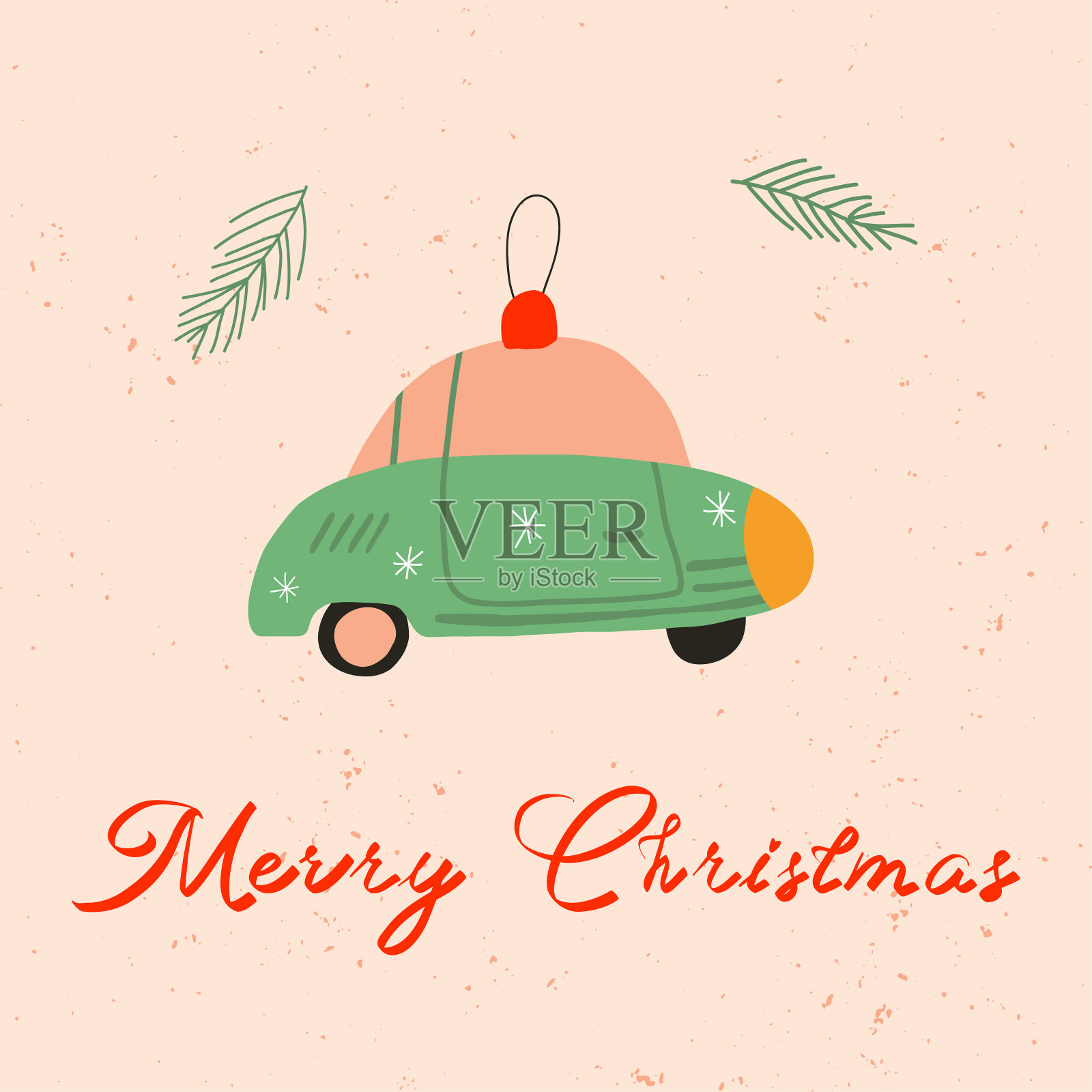圣诞贺卡或邀请设计与复古汽车。背景是雪和云杉树枝。圣诞快乐的想法贺卡,墙壁艺术,t恤,可印刷的服装。矢量插图在卡通风格。插画图片素材