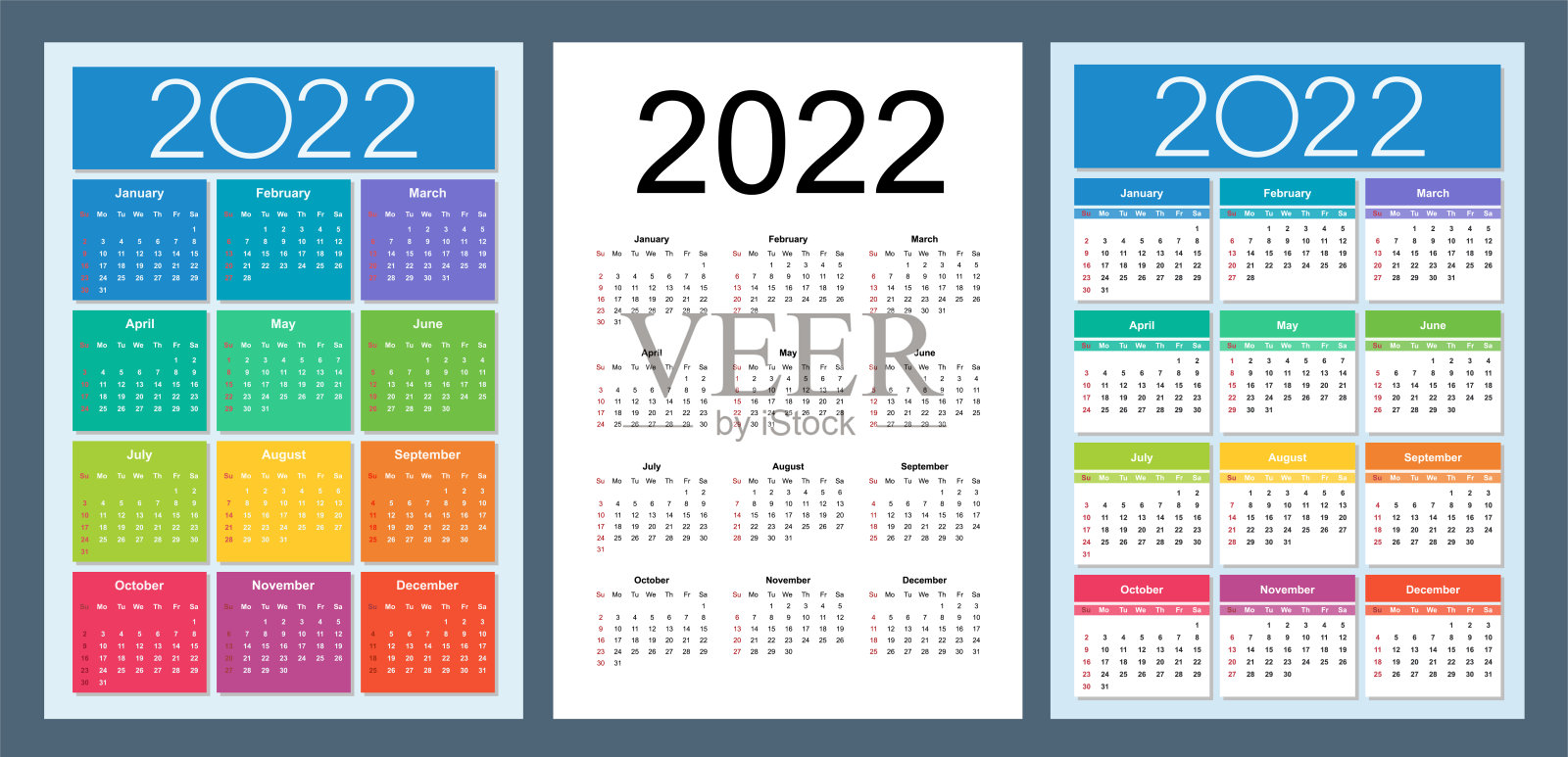 2022年的多彩日历。星期从星期天开始。插画图片素材