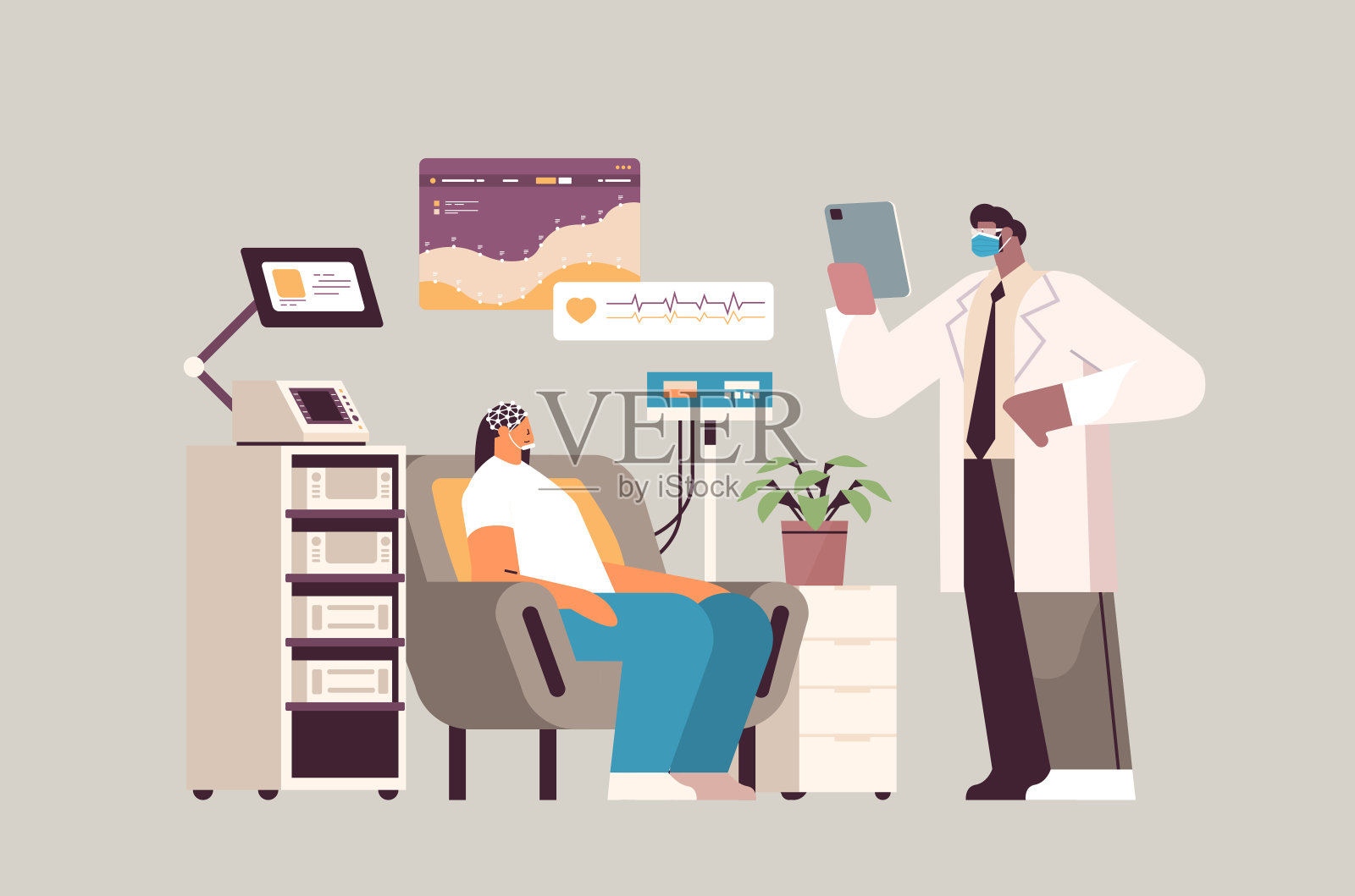 医生调整脑电图耳机,研究员分析患者的脑功能和神经系统疾病的健康状况检查插画图片素材