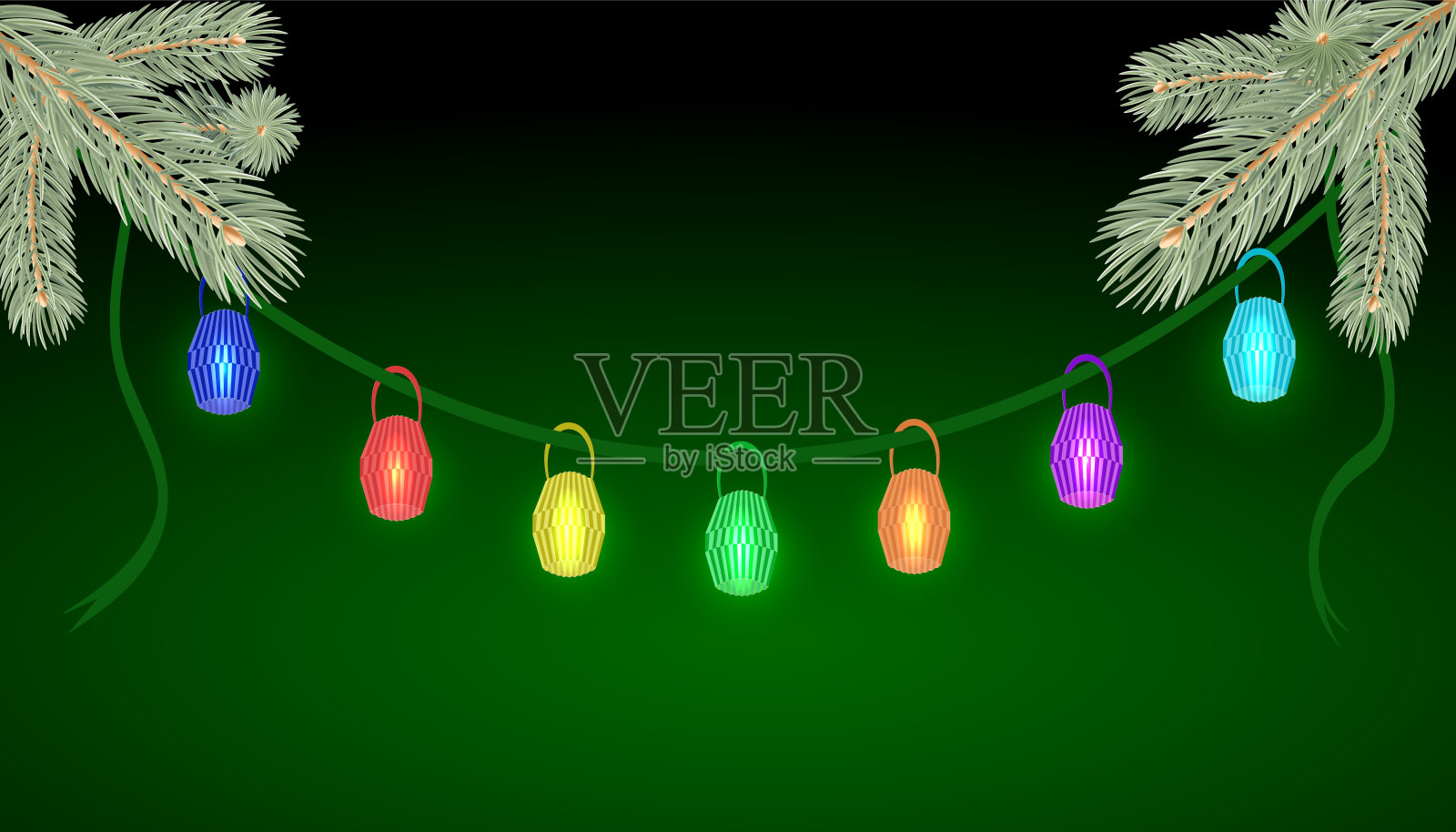 圣诞节背景有圣诞树树枝和一个纸灯笼的花环插画图片素材