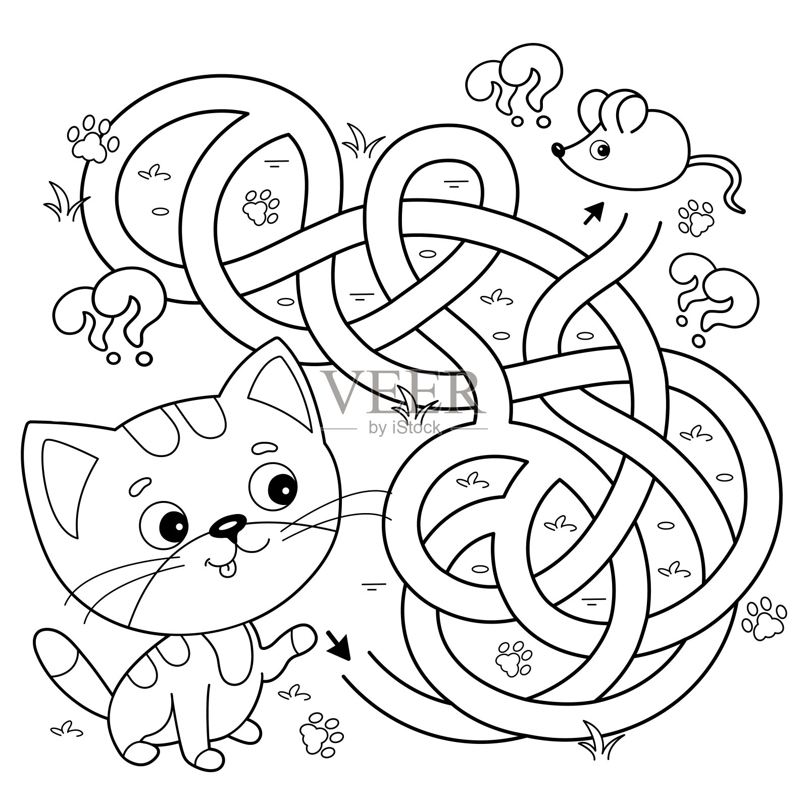 迷宫或迷宫游戏。谜题。错综复杂的道路。涂色页大纲的卡通小猫和老鼠。儿童涂色本。插画图片素材